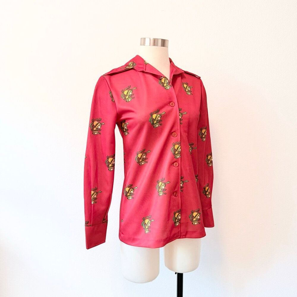 Vintage 1970s Christmas Bell Red Button Down Dagger Top Shirt M Poly